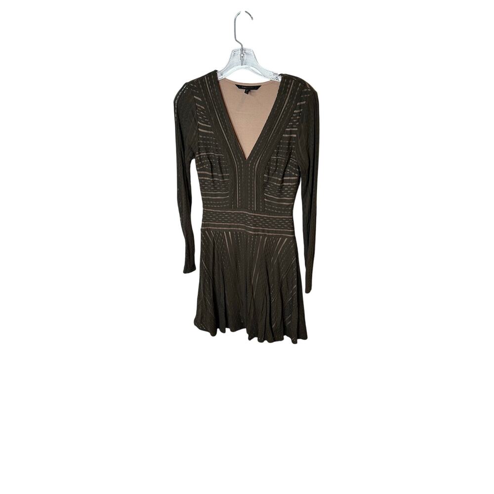 BCBGMAXAZRIA Olive Green Textured‎ V-Neck Long Sleeve Fit Flare Mini Dress XXS